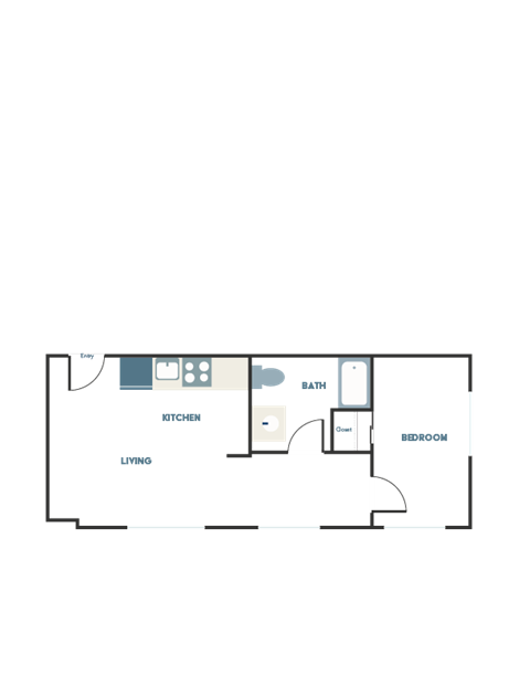 A floor plan of a house with a kitchen, living room, and bedrooms.